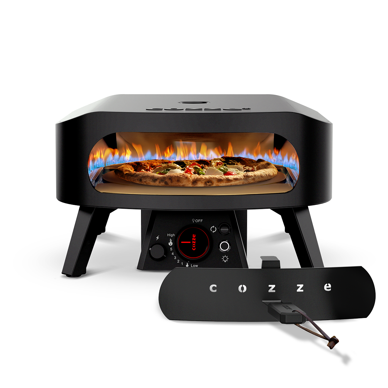 Four à pizza Cozze 13 pouces noir vu de face, porte en place et panneau de contrôle avant