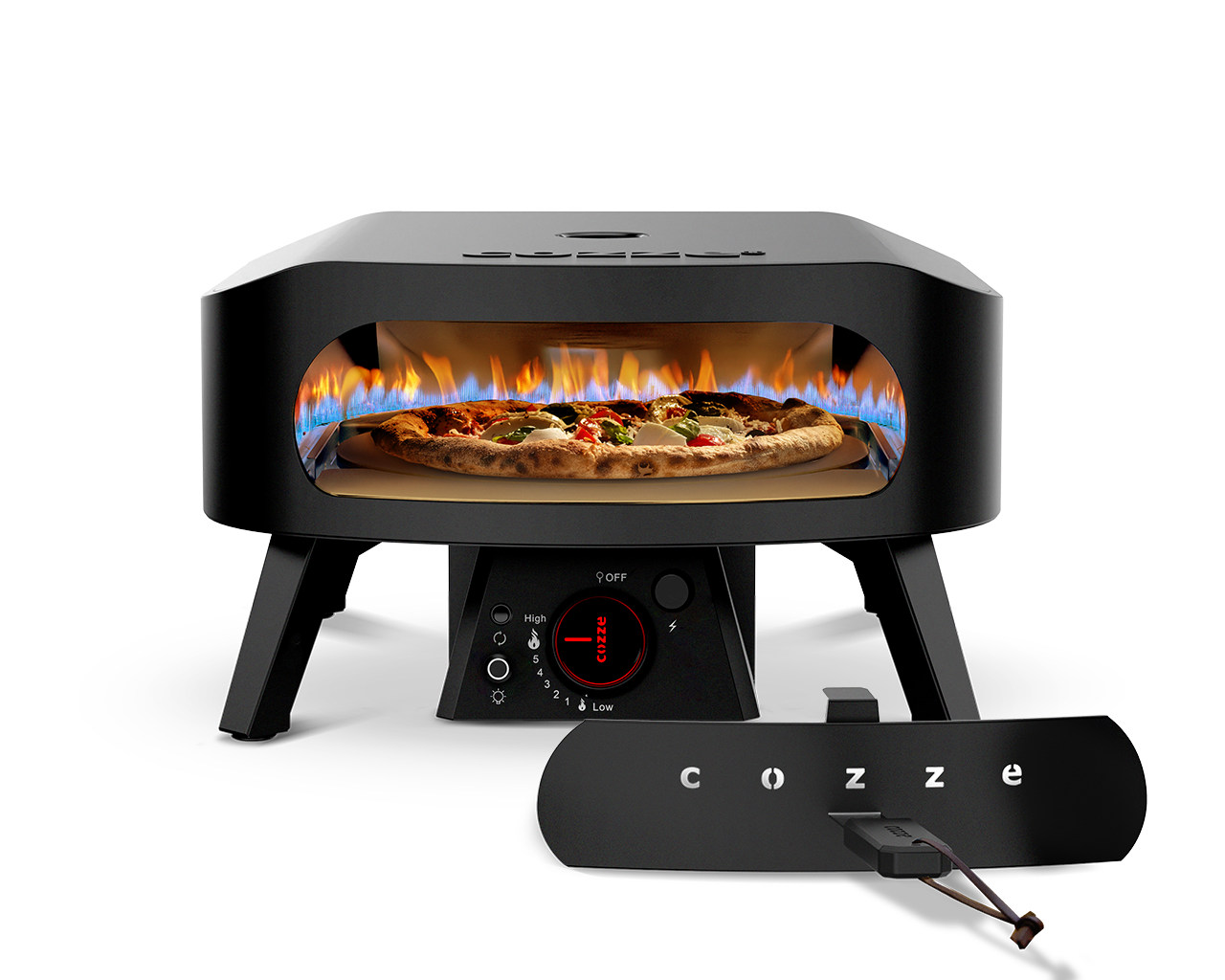 Four à pizza Cozze 13 pouces noir mat vu de face, porte installée