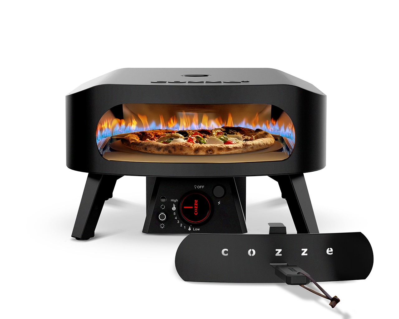 Four à pizza Cozze 13 pouces noir mat vu de face, porte installée