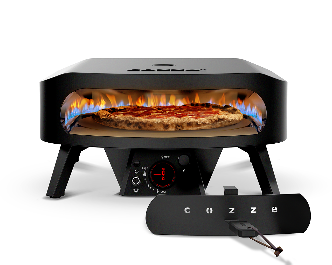 Four à pizza Cozze 17 pouces vu de face, porte en place et panneau de contrôle avant