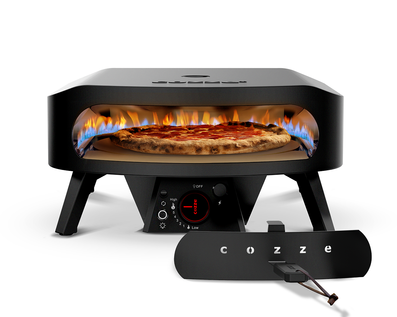 Four à pizza Cozze 17 pouces vu de face, porte en place et panneau de contrôle avant
