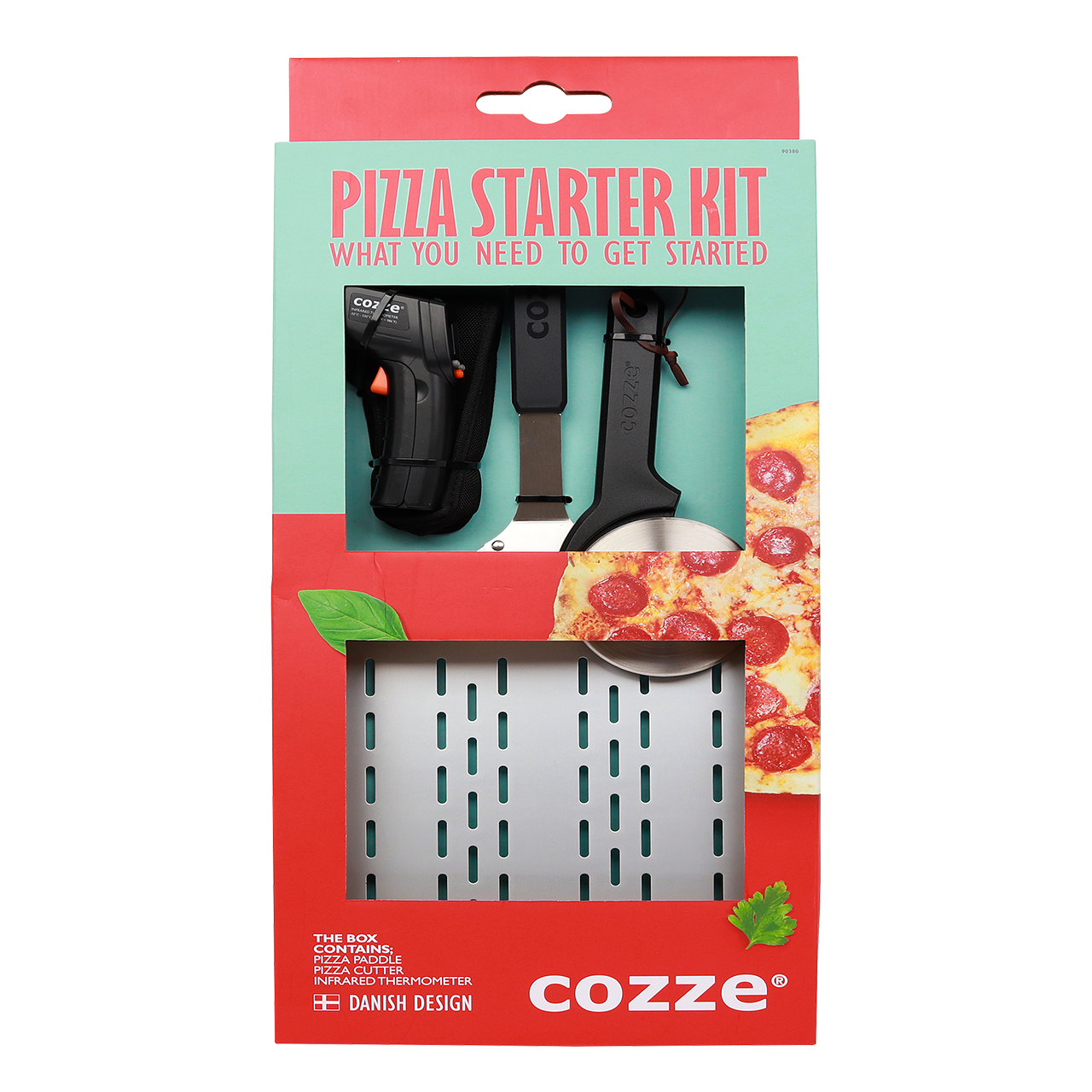 Kit de démarrage pizza Cozze avec pelle en aluminium perforée, thermomètre infrarouge et roulette