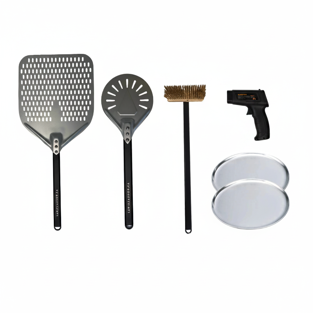 Kit de départ de luxe pour four à pizza avec pelle perforée, pelle à tourner, brosse Pro en laiton, thermomètre et assiettes