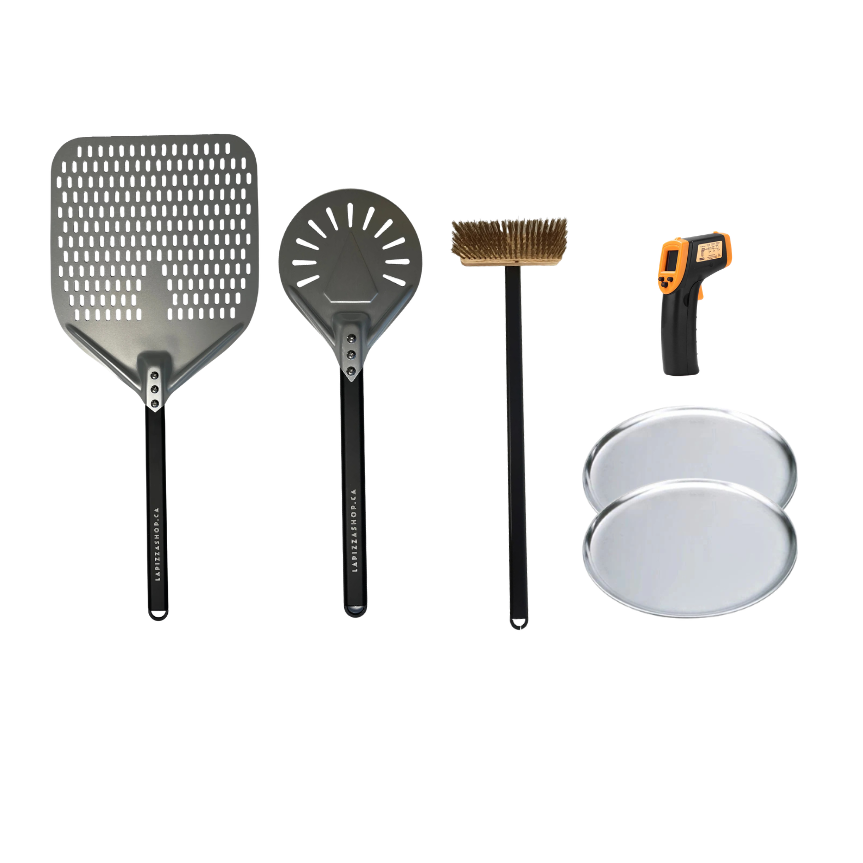 Kit de départ de luxe pour four à pizza avec pelle perforée, pelle à tourner, brosse Pro en laiton, thermomètre et assiettes