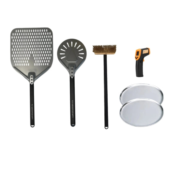 Kit de départ de luxe pour four à pizza avec pelle perforée, pelle à tourner, brosse Pro en laiton, thermomètre et assiettes
