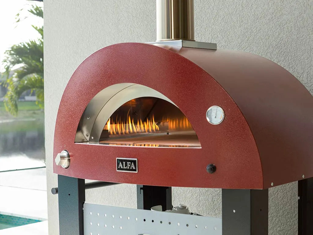 Alfa forni Moderno Pizze four à pizza hybride bois propane gaz naturel red grey vue de la flamme heat genius
