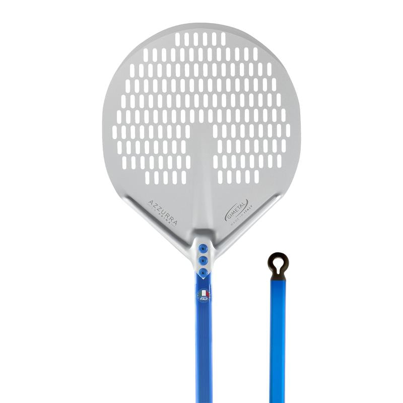 Pelle à pizza ronde perforée Gi.Metal Azzurra en aluminium anodisé avec manche bleu