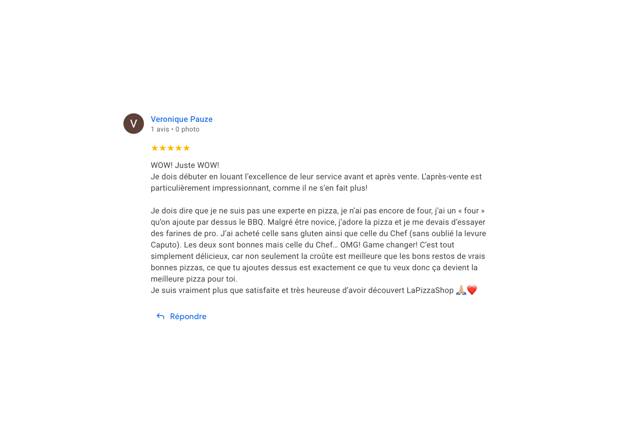 review d'une cliente satisfaite qui exprime que lapizzashop est le meilleur endroit pour acheter gozney four à pizza portatif pour cuisiner la meilleure pizza au quebec canada et la meilleure farine caputo spécialisée