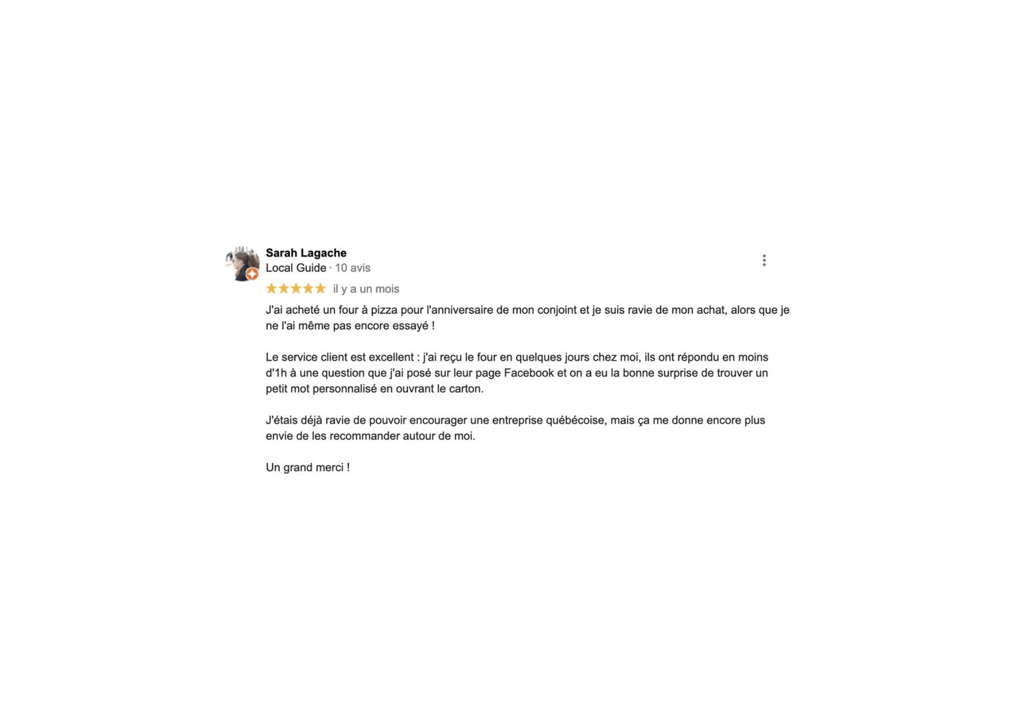 google review 5 étoiles qui décrit meilleure endroit pour acheter un four à pizza au quebec